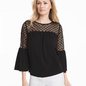 WHBM 3/4 bell sleeve blouse with lace. Black LIKE NEW!